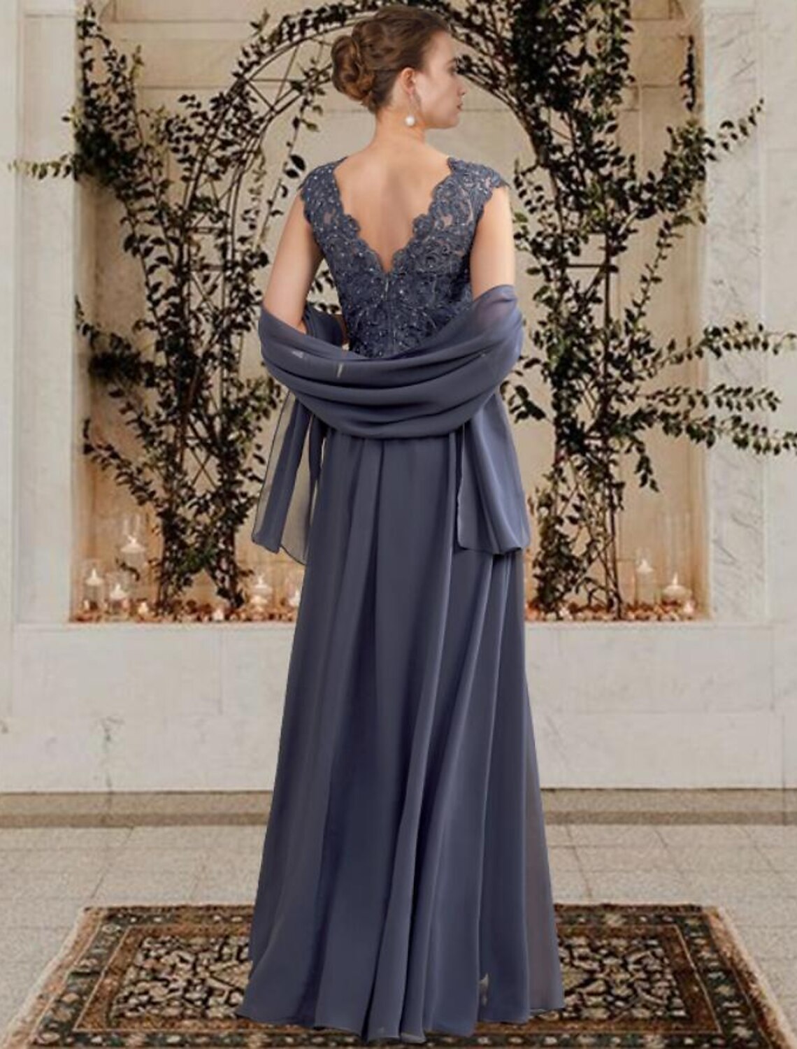 A-Line Mother of the Bride Dress Elegant V Neck Floor Length Chiffon Lace Sleeveless Shawls with Pleats Sequin Crystal Brooch