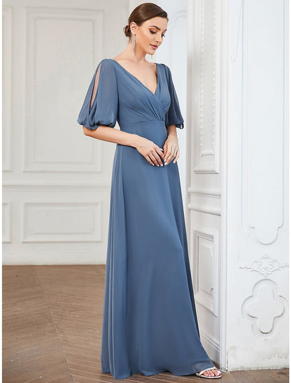 A-Line Evening Gown Minimalist Dress Wedding Guest Prom Floor Length Half Sleeve V Neck Chiffon with Pleats