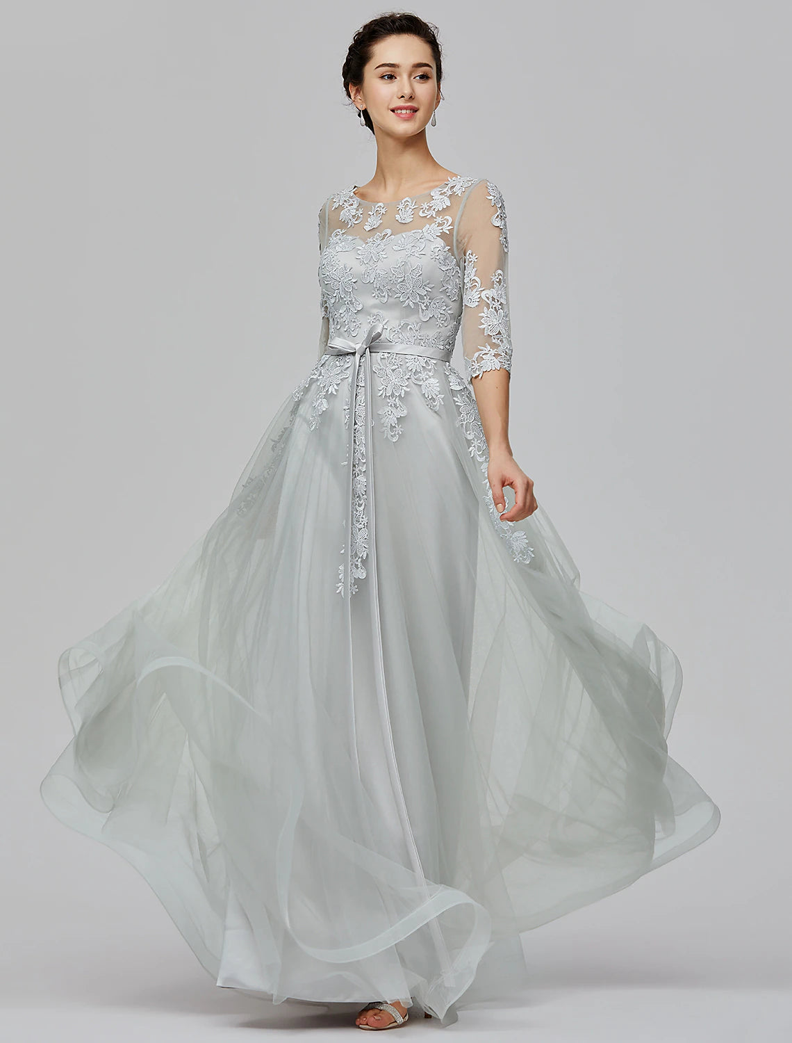 A-Line Empire Dress Wedding Guest Floor Length Half Sleeve Illusion Neck Tulle with Bow(s) Appliques