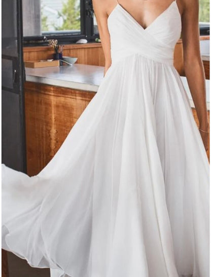 Little White Dresses Wedding Dresses A-Line Camisole Sleeveless Tea Length Chiffon Bridal Gowns With Pleats Solid Color