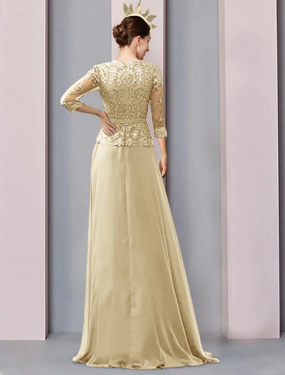 A-Line Mother of the Bride Dress Wedding Guest Elegant V Neck Floor Length Chiffon Half Sleeve with Lace Ruching