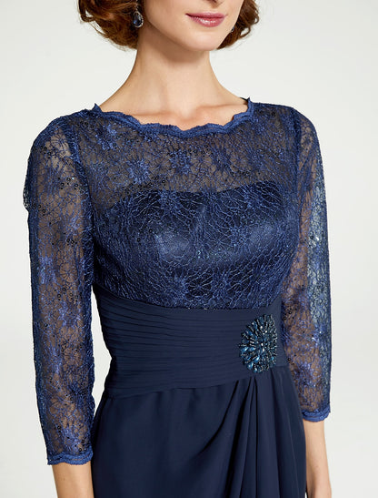 A-Line Mother of the Bride Dress Jewel Neck Floor Length Chiffon Lace 3/4 Length Sleeve with Lace Ruching