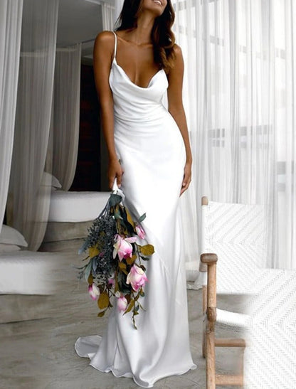 Beach Casual Wedding Dresses Sheath / Column Square Neck Camisole Spaghetti Strap Sweep / Brush Train Stretch Fabric Bridal Gowns With Ruched Solid Color