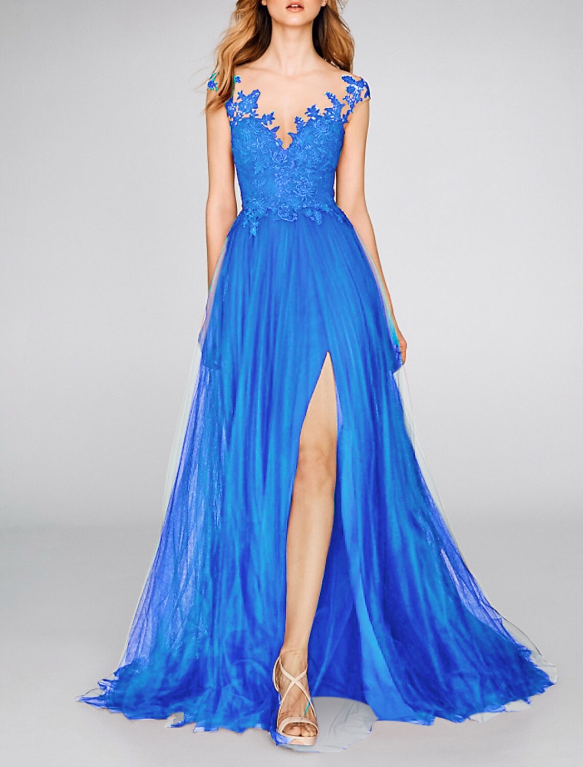 A-Line Evening Gown Party Dress Sexy Dress Engagement Prom Court Train Sleeveless V Neck Chiffon with Slit Appliques