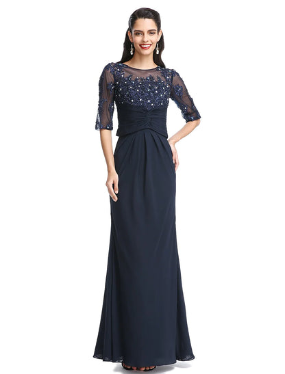 A-Line Mother of the Bride Dress Convertible Dress Scoop Neck Floor Length Chiffon Half Sleeve No with Appliques