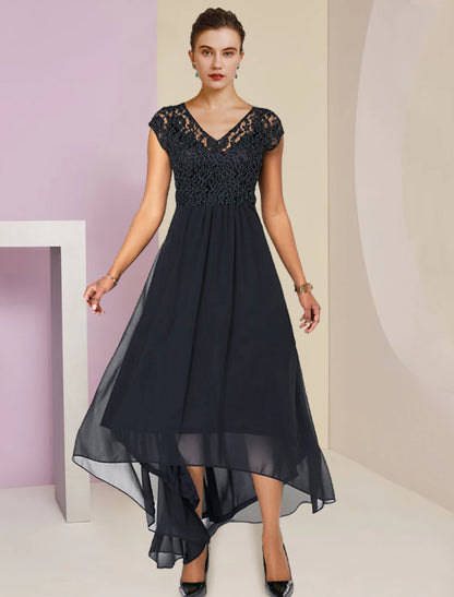 Two Piece A-Line Mother of the Bride Dress Formal Wedding Guest Elegant High Low V Neck Asymmetrical Tea Length Chiffon Lace Sleeveless Wrap Included with Pleats Appliques