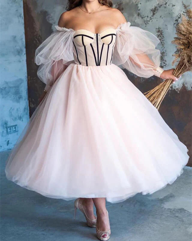 A-line Tulle Puffy Sleeve Ball Gown Corset Prom Dresses