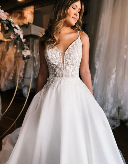 A-Line Spaghetti Straps Open Back Wedding Dress