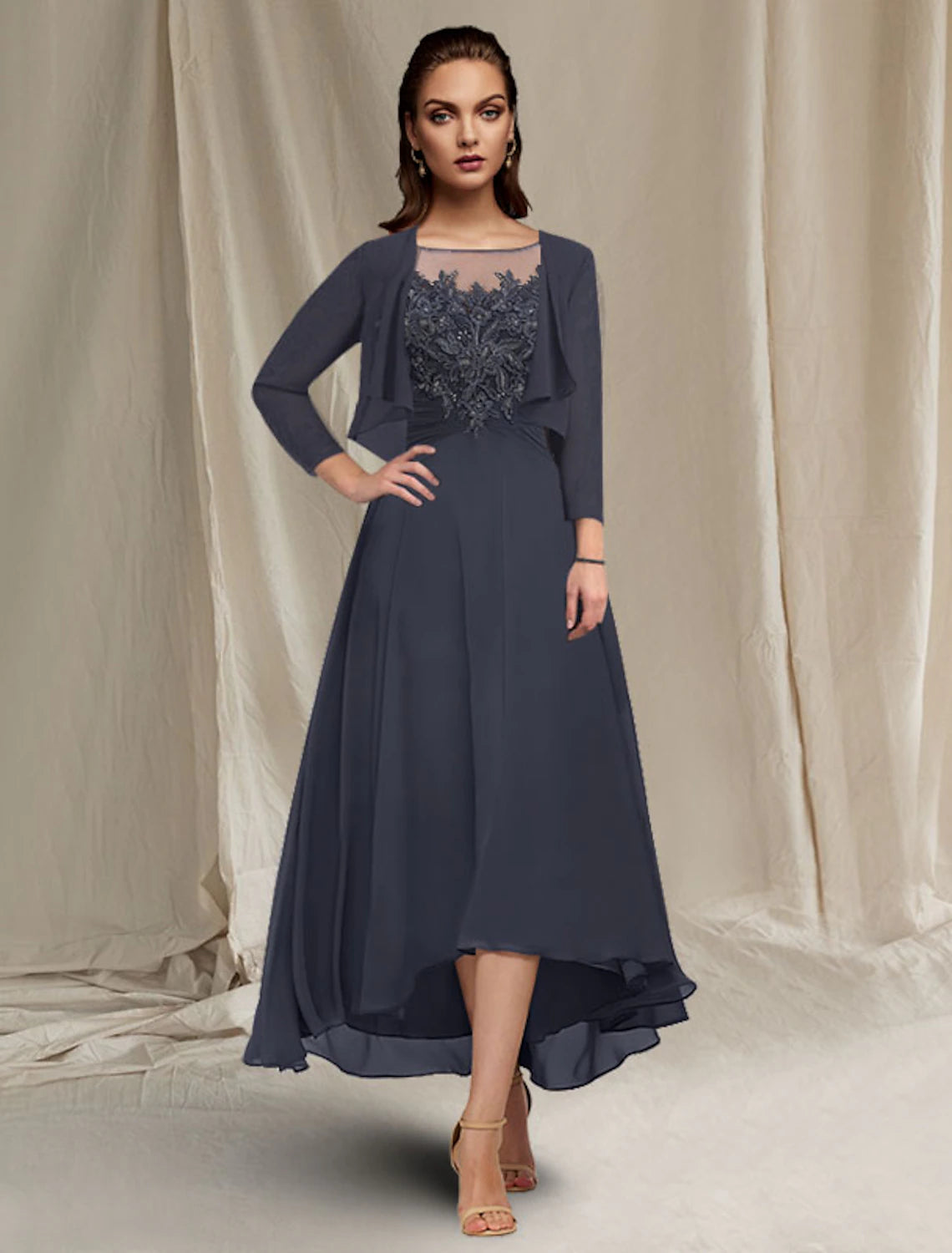 A-Line Mother of the Bride Dress Elegant High Low Jewel Neck Asymmetrical Tea Length Chiffon Lace Short Sleeve Wrap Included with Ruched Sequin Appliques