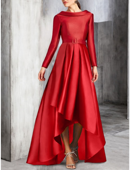 A-Line Cocktail Dresses Elegant Dress Birthday Fall Asymmetrical Long Sleeve Scoop Neck Satin with Pleats Strappy