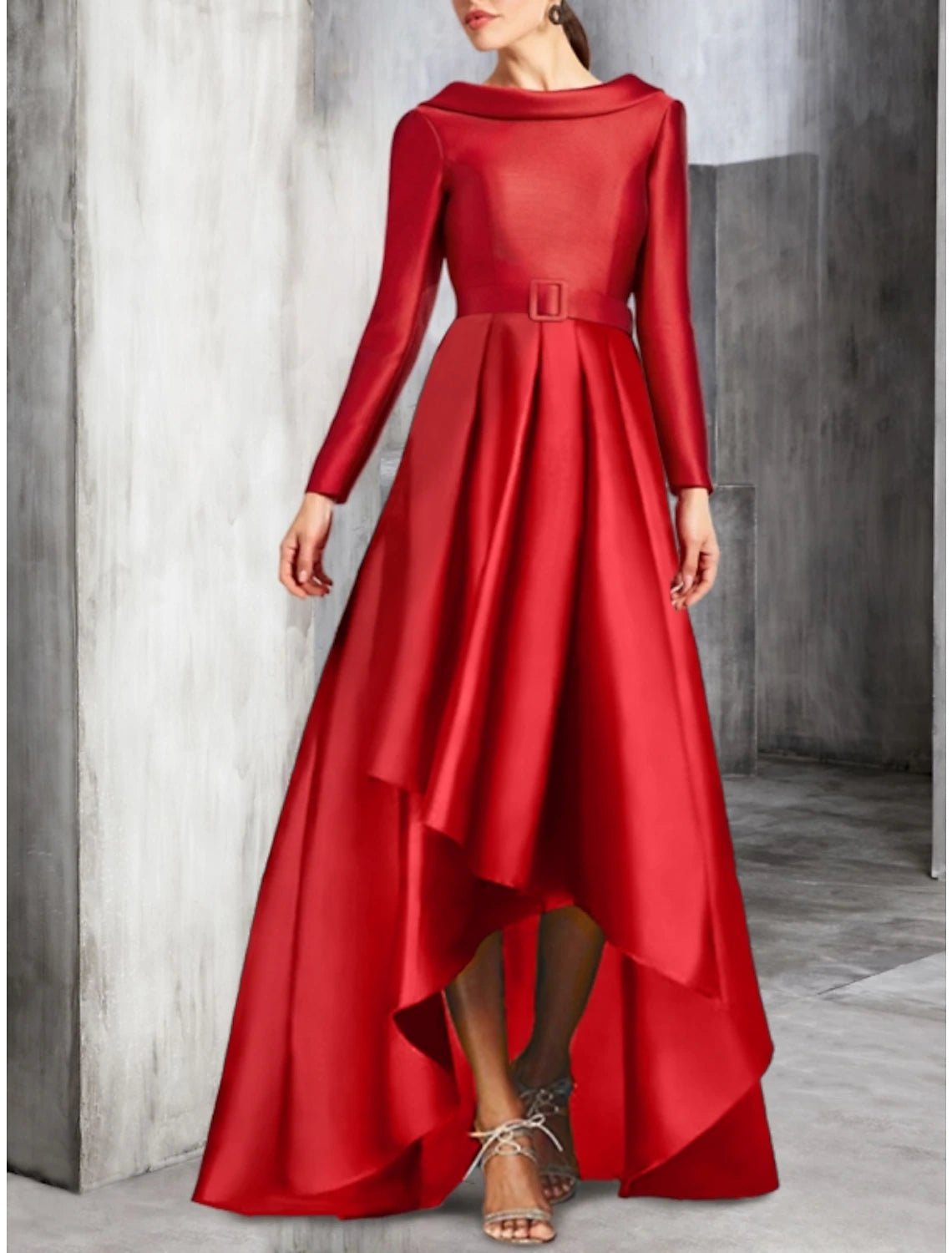 A-Line Cocktail Dresses Party Dress Birthday Fall Asymmetrical Long Sleeve Scoop Neck Satin with Pleats Strappy