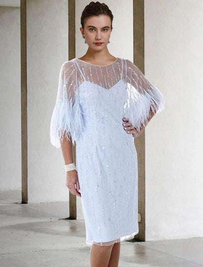 Sheath / Column Mother of the Bride Dress Elegant Sparkle & Shine Jewel Neck Knee Length Stretch Chiffon Half Sleeve with Feather Beading Sequin