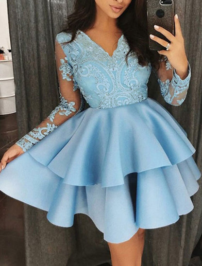 A-Line Cocktail Dresses Plus Size Dress Graduation Wedding Guest Short / Mini Long Sleeve V Neck Satin with Ruffles Lace Insert Tiered