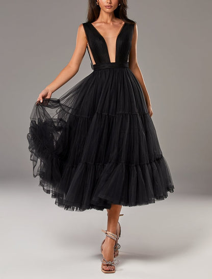 A-Line Prom Dresses Princess Dress Wedding Guest Tea Length Sleeveless V Neck Tulle with Bow(s) Pleats