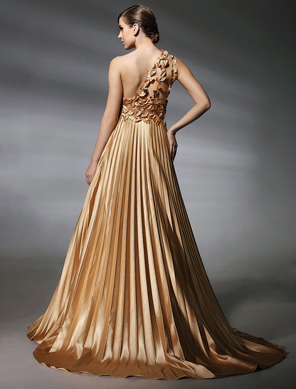 Ball Gown Dress Formal Evening Sweep / Brush Train Sleeveless One Shoulder Stretch Satin with Pleats Beading Side Draping