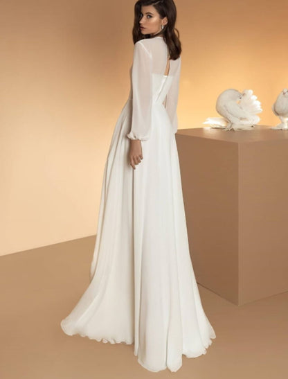 Hall Casual Wedding Dresses A-Line Illusion Neck Long Sleeve Floor Length Chiffon Bridal Gowns