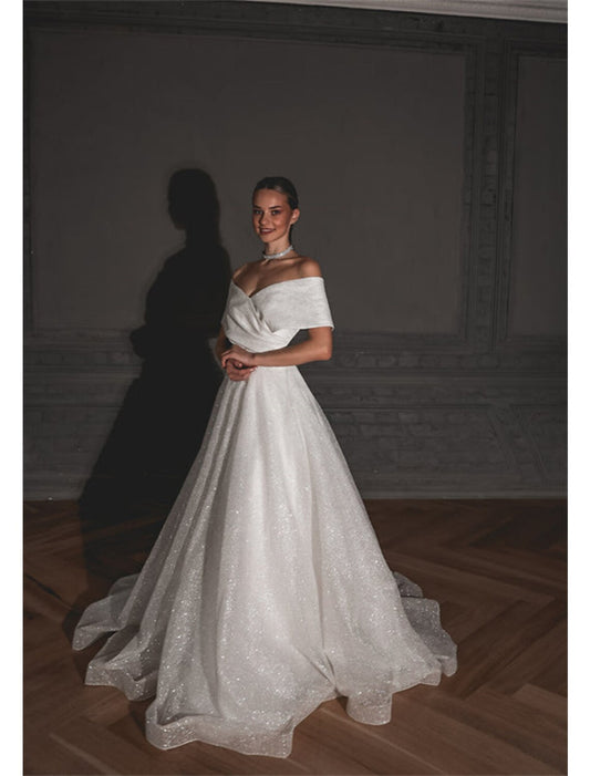 Hall Sparkle & Shine Casual Wedding Dresses A-Line Off Shoulder Cap Sleeve Sweep / Brush Train Sequined Bridal Gowns