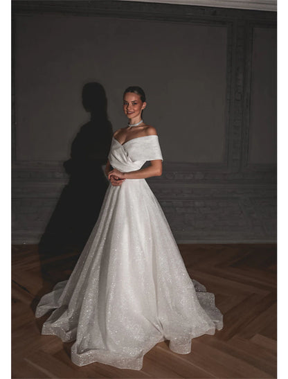 Hall Sparkle & Shine Casual Wedding Dresses A-Line Off Shoulder Cap Sleeve Sweep / Brush Train Sequined Bridal Gowns With