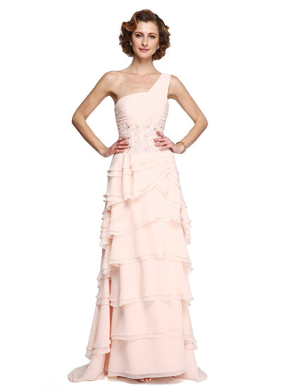 A-Line Mother of the Bride Dress Elegant One Shoulder Floor Length Chiffon Lace Sleeveless No with Pleats Ruched Beading