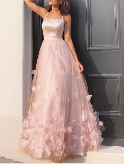 A-Line Prom Party Dress Floral Dress Performance Sweet 16 Floor Length Sleeveless Spaghetti Strap Tulle with Pleats Appliques