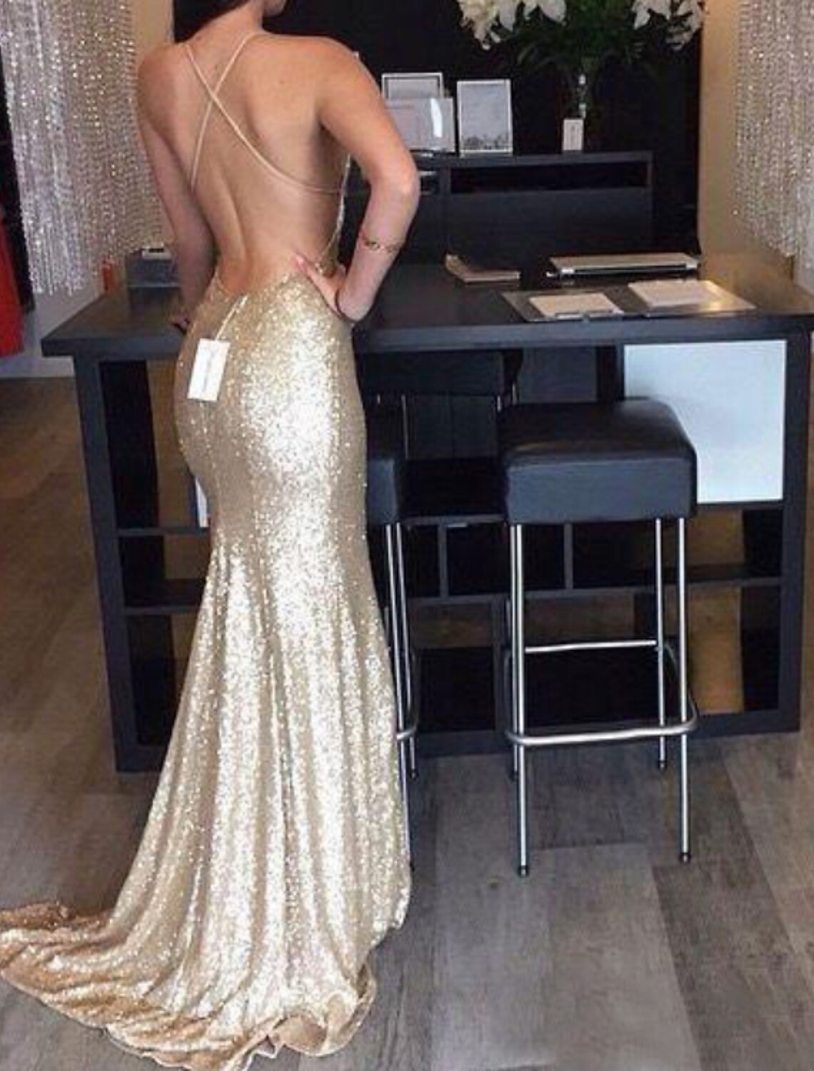 Mermaid / Trumpet Evening Gown Sparkle Dress Engagement Prom Sweep / Brush Train Sleeveless V Neck Sequined with Sequin