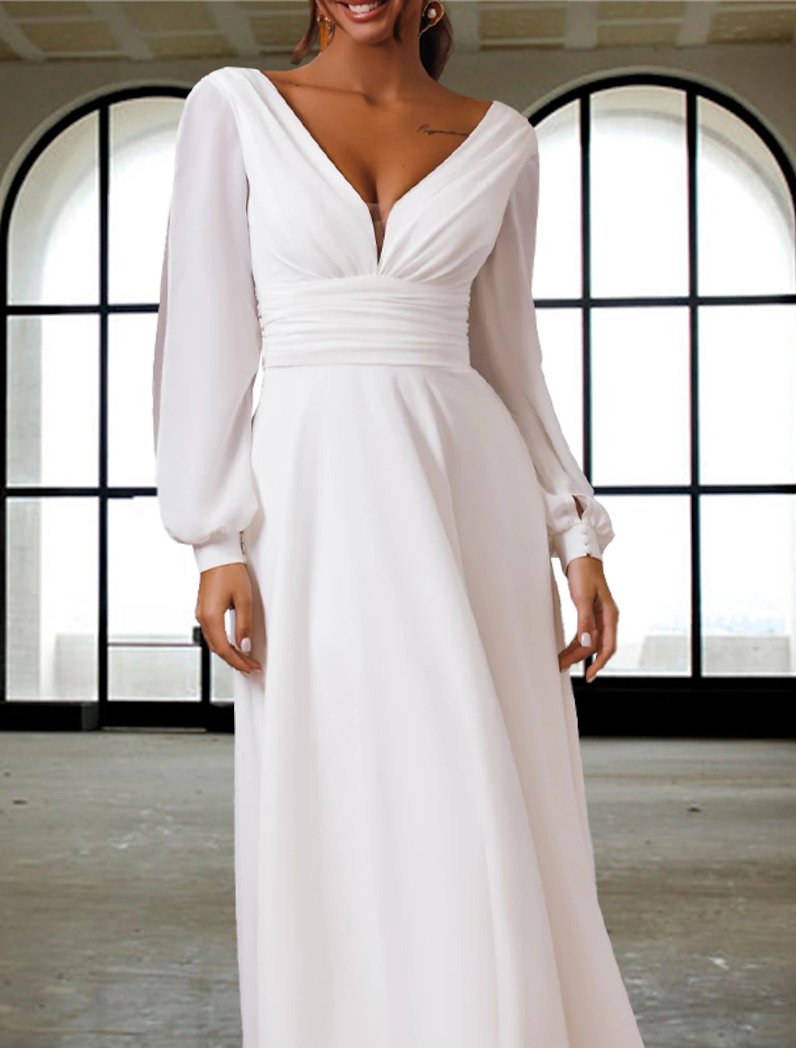 Reception Little White Dresses Fall Wedding Dresses A-Line V Neck Long Sleeve Tea Length Chiffon Bridal Gowns With Ruched