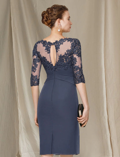 Sheath / Column Mother of the Bride Dress Elegant Jewel Neck Knee Length Chiffon Lace Half Sleeve with Ruched Appliques