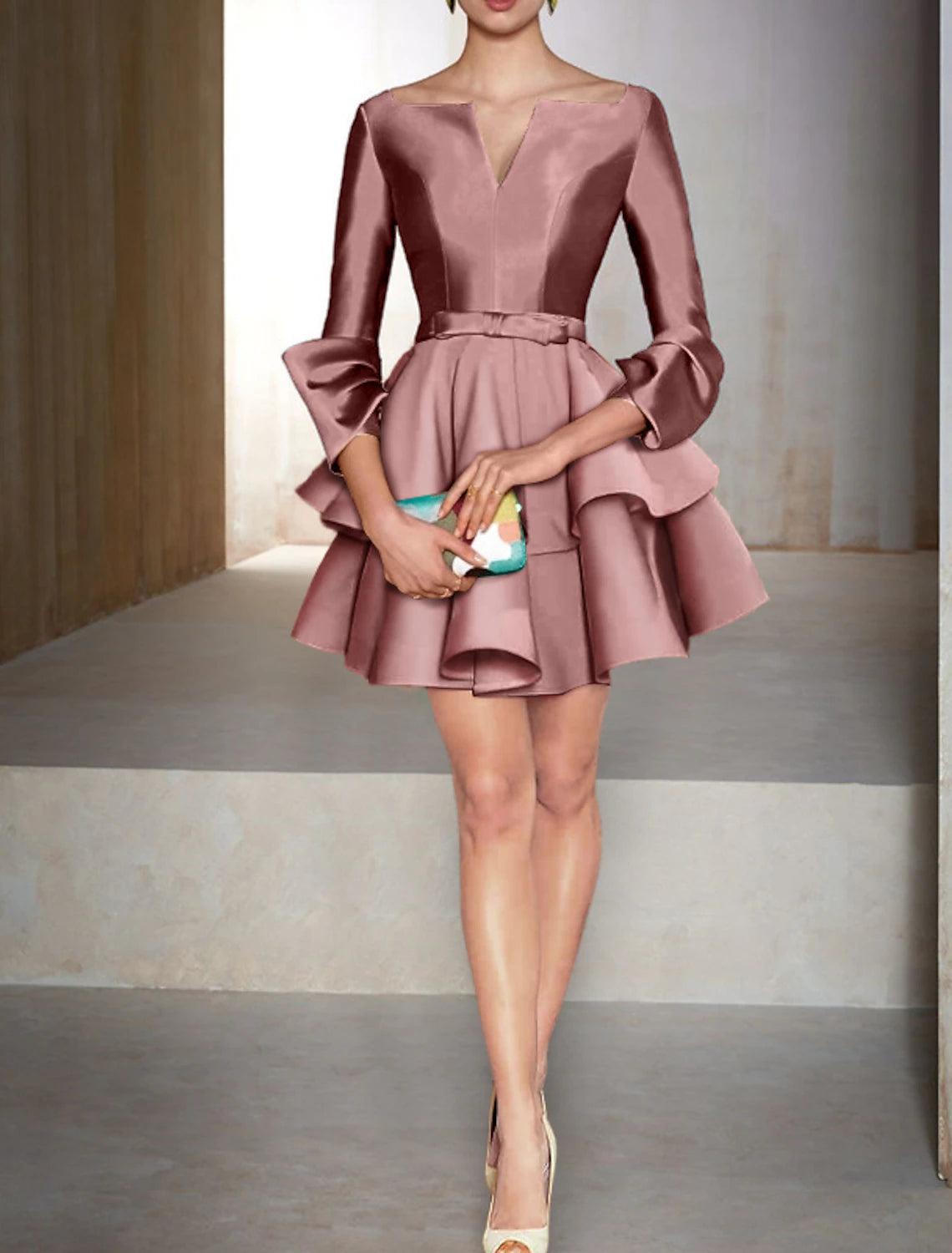 A-Line Cocktail Dresses Party Dress Formal Fall Short / Mini Long Sleeve V Neck Satin with Ruffles