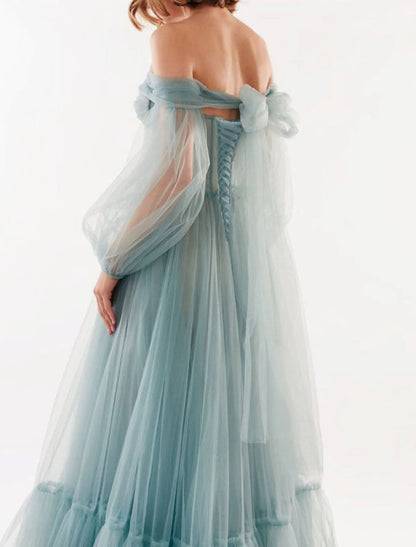 A-Line Elegant Sexy Wedding Guest Prom Dress Off Shoulder Long Sleeve Floor Length Tulle with Bow(s) Pleats