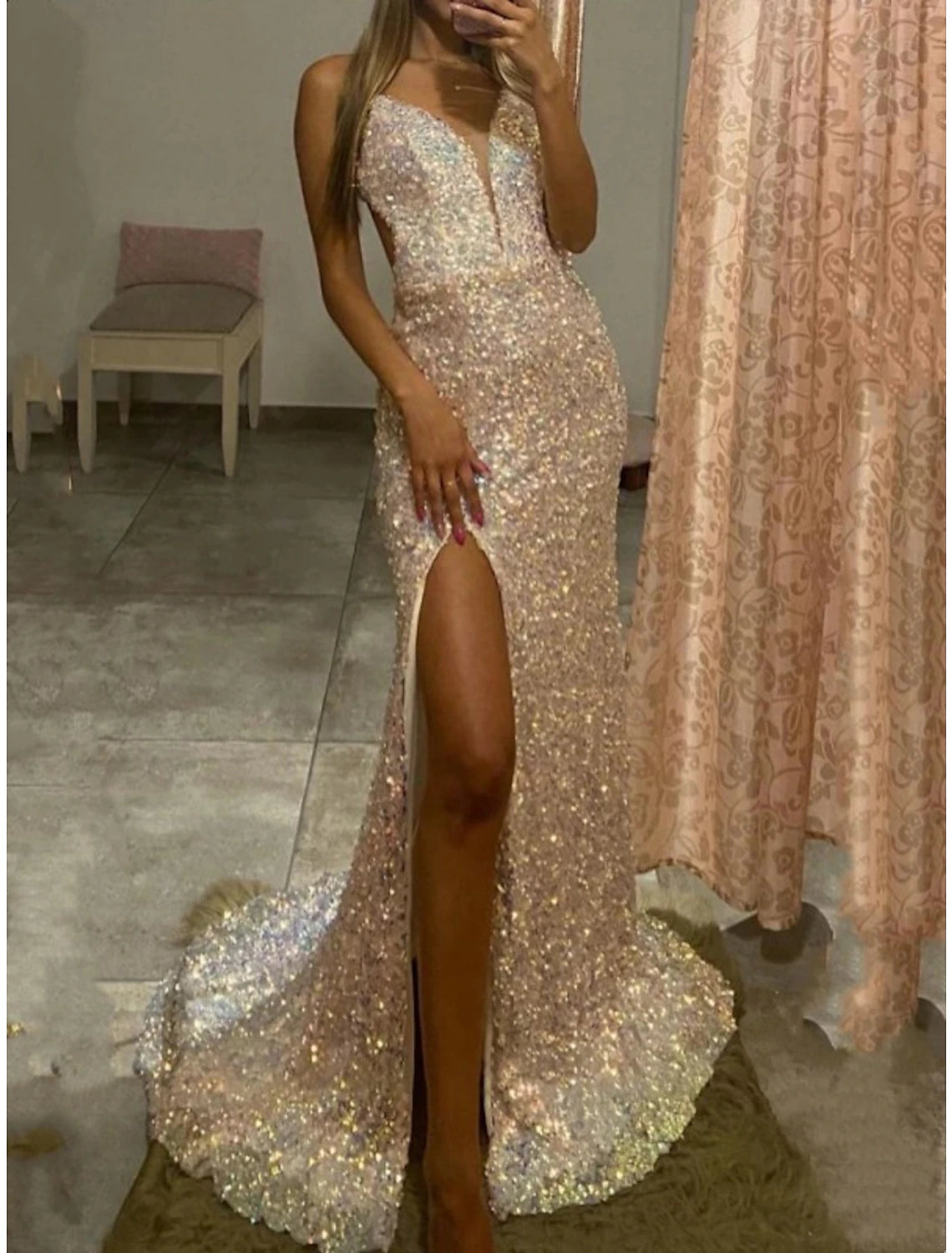 Sheath / Column Prom Dresses Corsets Dress Wedding Party Sweep / Brush Train Sleeveless Spaghetti Strap Sequined Backless with Glitter Slit