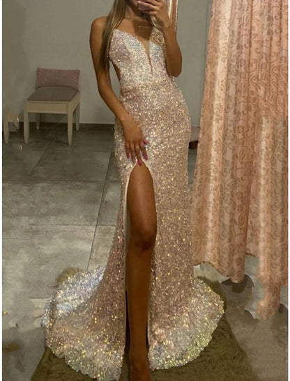 Sheath / Column Prom Dresses Corsets Dress Wedding Party Sweep / Brush Train Sleeveless Spaghetti Strap Sequined Backless with Glitter Slit