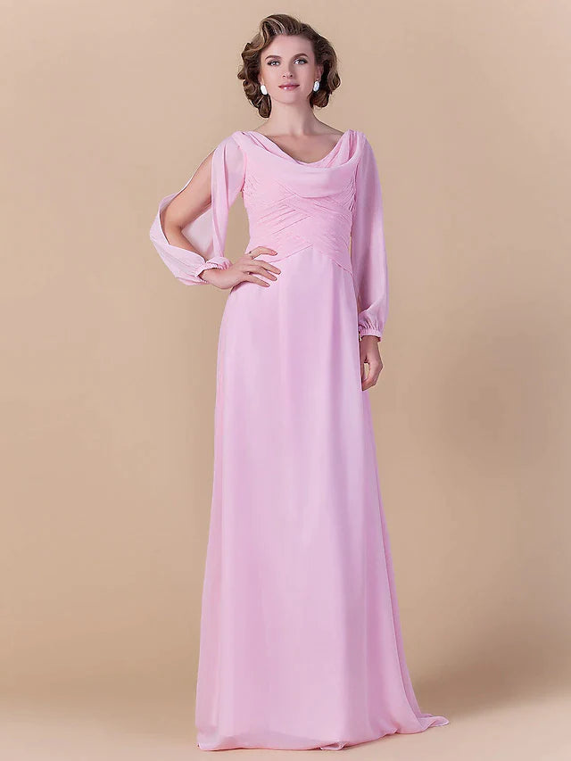 Sheath / Column Mother of the Bride Dress Vintage Inspired Cowl Neck Floor Length Chiffon Long Sleeve with Criss Cross Ruched