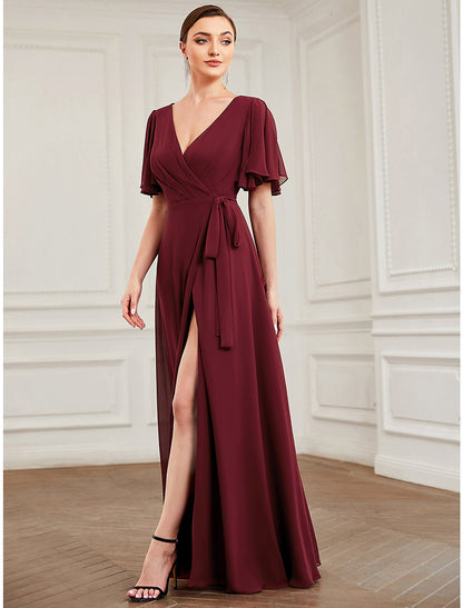 A-Line Bridesmaid Dress V Neck Short Sleeve Elegant Floor Length Chiffon with Ruffles / Draping / Bandage