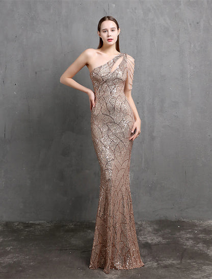 Mermaid / Trumpet Evening Gown Sparkle & Shine Dress Formal Floor Length Short Sleeve One Shoulder Sequined with Sequin