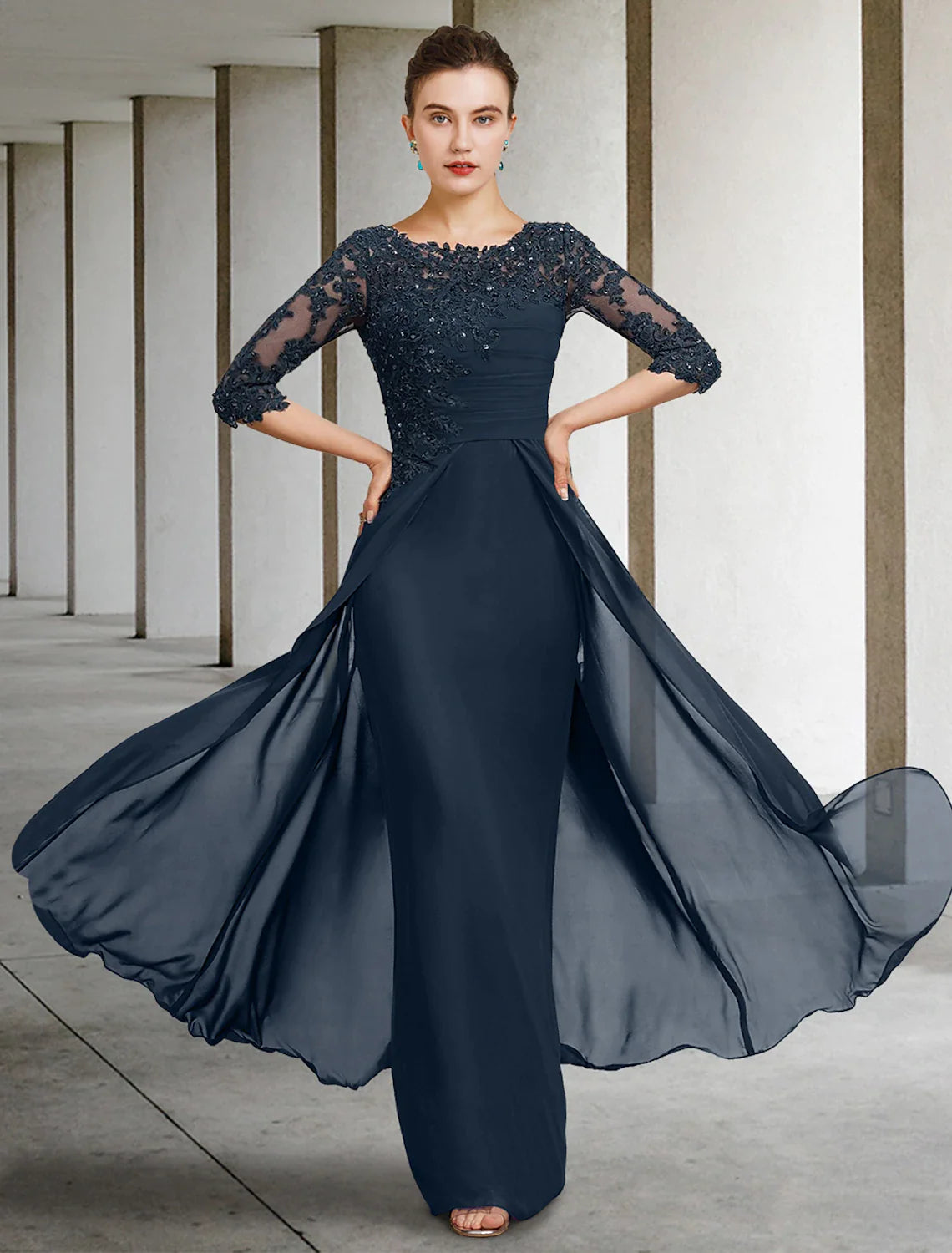 Sheath / Column Mother of the Bride Dress Wedding Guest Elegant Jewel Neck Floor Length Chiffon Lace Half Sleeve with Sequin Ruching Solid Color