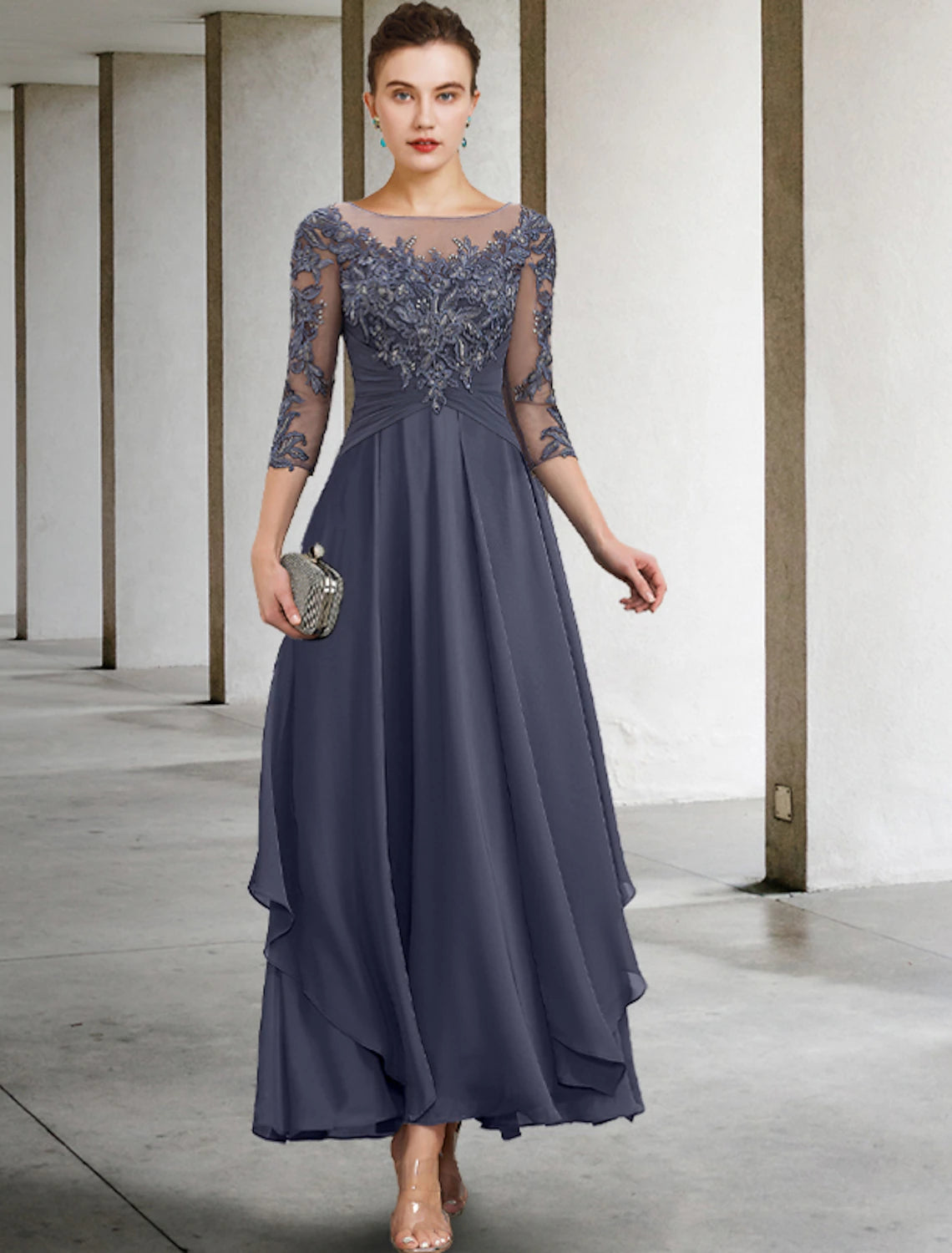 A-Line Mother of the Bride Dress Wedding Guest Plus Size Elegant Jewel Neck Ankle Length Chiffon Lace 3/4 Length Sleeve with Ruched Sequin Appliques