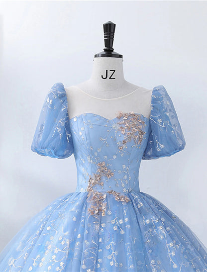 Ball Gown Quinceanera Dresses Princess Dress Performance Floor Length Short Sleeve Square Neck Polyester with Pearls Appliques