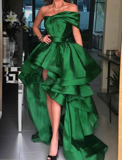 A-Line Prom Dresses Elegant Dress Red Green Dress Prom Court Train Short Sleeve One Shoulder Charmeuse with Criss Cross Pure Color