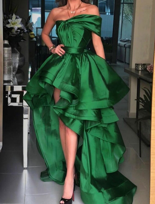 A-Line Prom Dresses Elegant Dress Red Green Dress Prom Court Train Short Sleeve One Shoulder Charmeuse with Criss Cross Pure Color