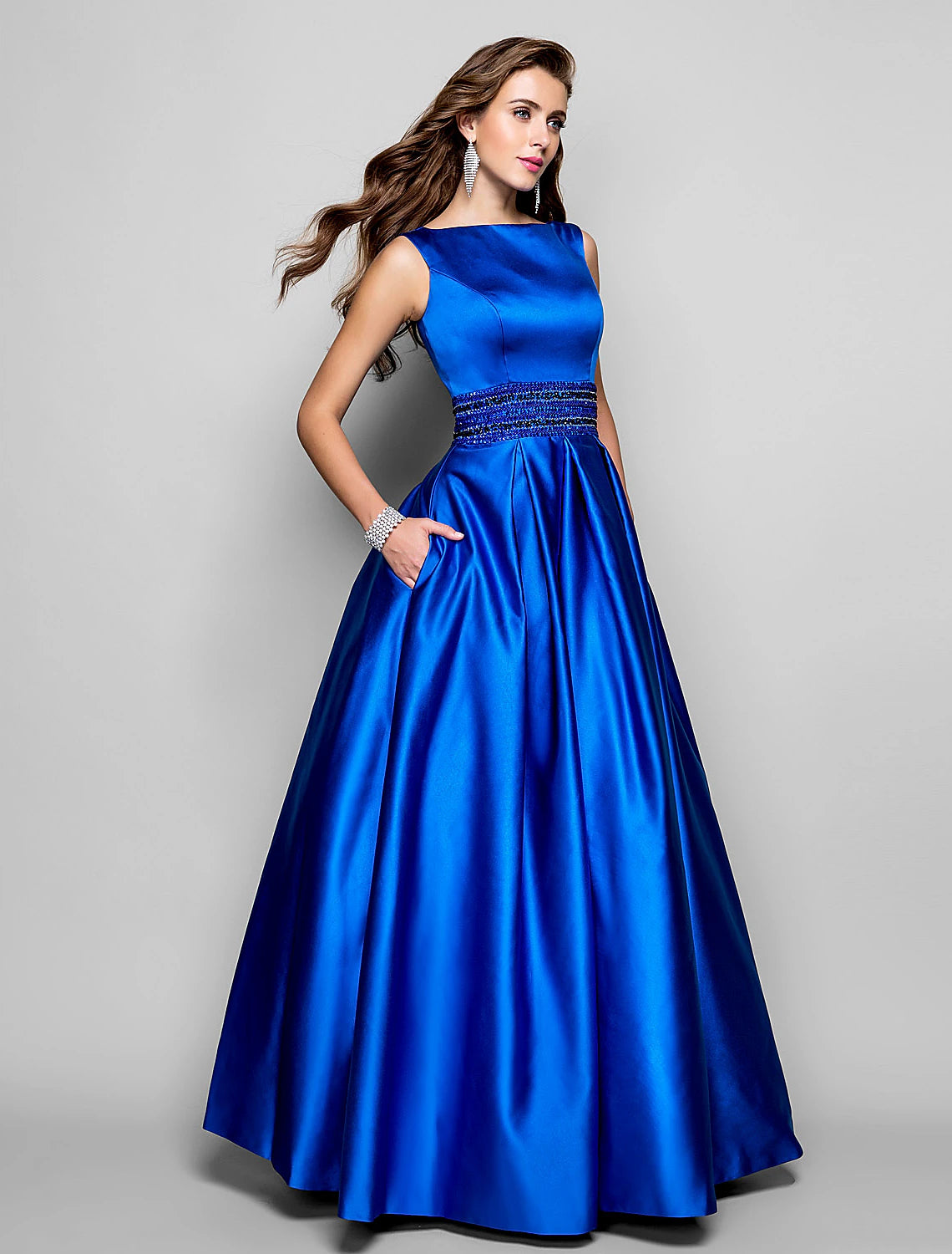 A-Line Elegant Dress Wedding Guest Prom Floor Length Sleeveless Boat Neck Pocket Satin with Pleats Beading