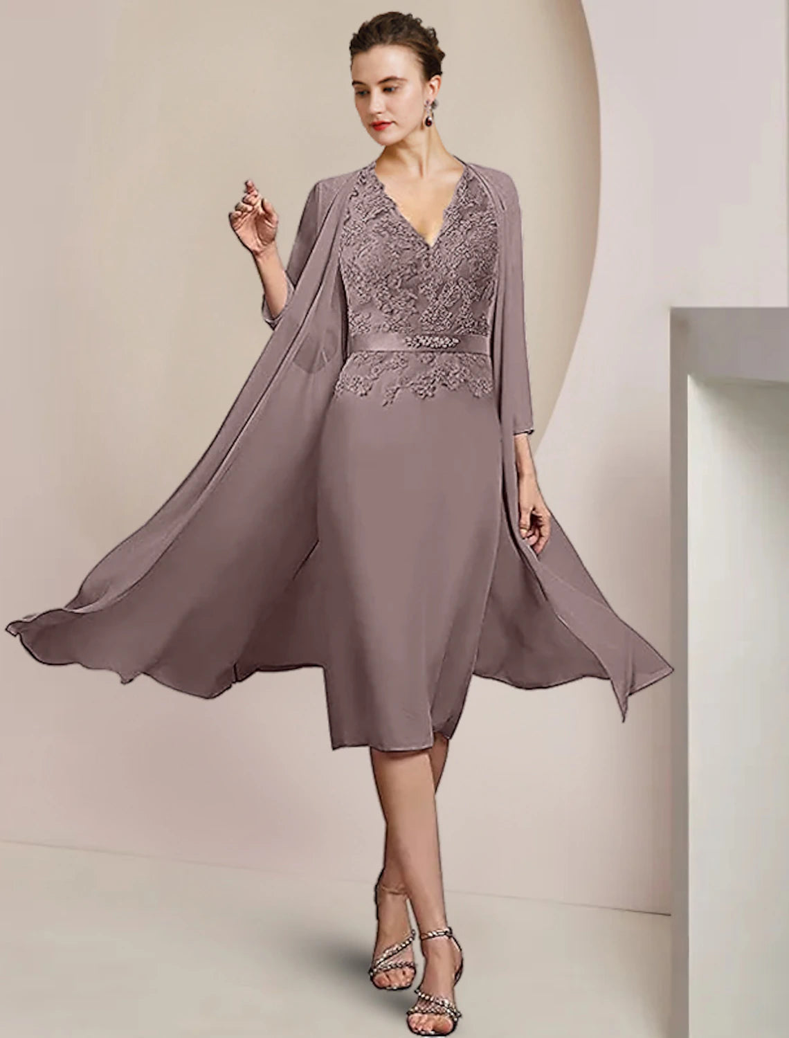 Two Piece Sheath / Column Mother of the Bride Dress Formal Wedding Guest Elegant V Neck Knee Length Chiffon Lace Sleeveless Jacket Dresses with Appliques Crystal Brooch