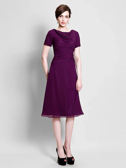 A-Line Mother of the Bride Dress Cowl Neck Tea Length Chiffon Short Sleeve with Ruched Side Draping