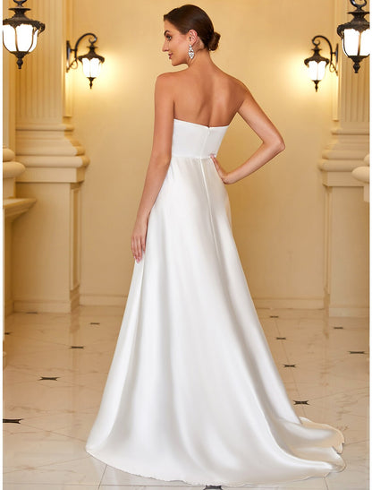 A-Line Evening Gown Minimalist Dress Wedding Guest Floor Length Sleeveless Strapless Satin Backless with Sleek Pure Color