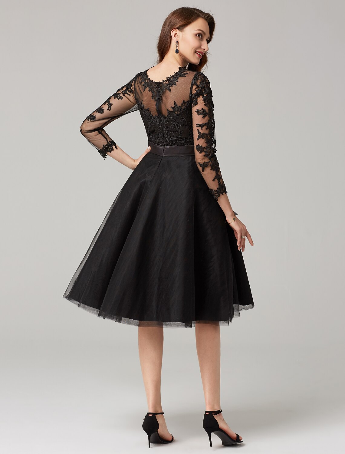 A-Line Elegant Dress Wedding Guest Knee Length 3/4 Length Sleeve Illusion Neck Tulle Over Lace with Appliques