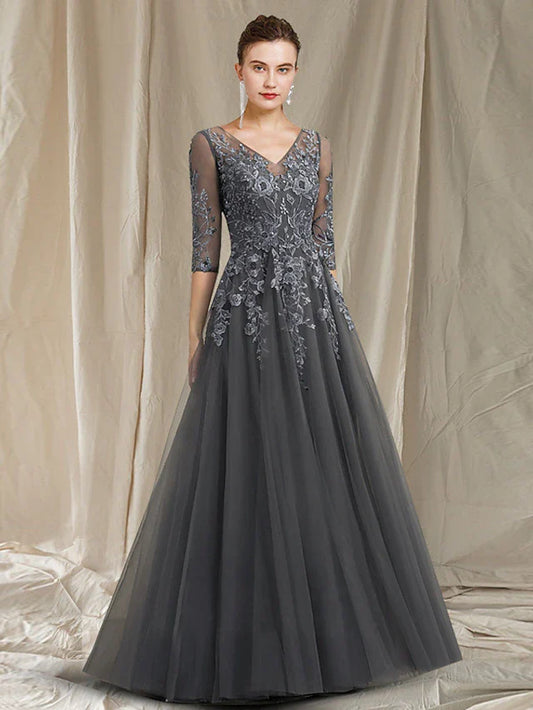 A-Line Mother of the Bride Dress Elegant V Neck Floor Length Chiffon Lace Half Sleeve with Appliques