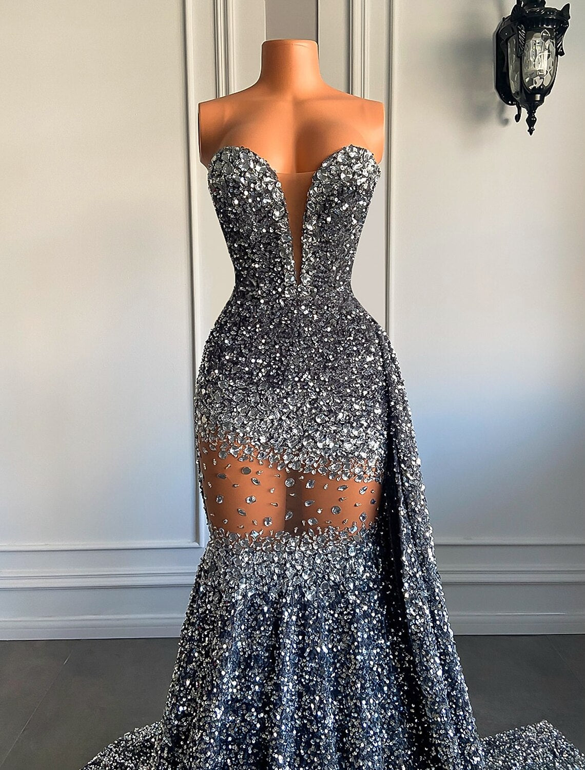 Mermaid / Trumpet Evening Gown Sparkle & Shine Dress Formal Court Train Sleeveless Strapless African American Sequined with Beading Sequin