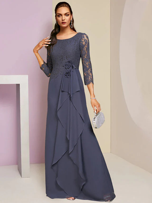 Sheath / Column Mother of the Bride Dress Wedding Guest Party Elegant Scoop Neck Floor Length Chiffon Lace 3/4 Length Sleeve with Ruffles Appliques