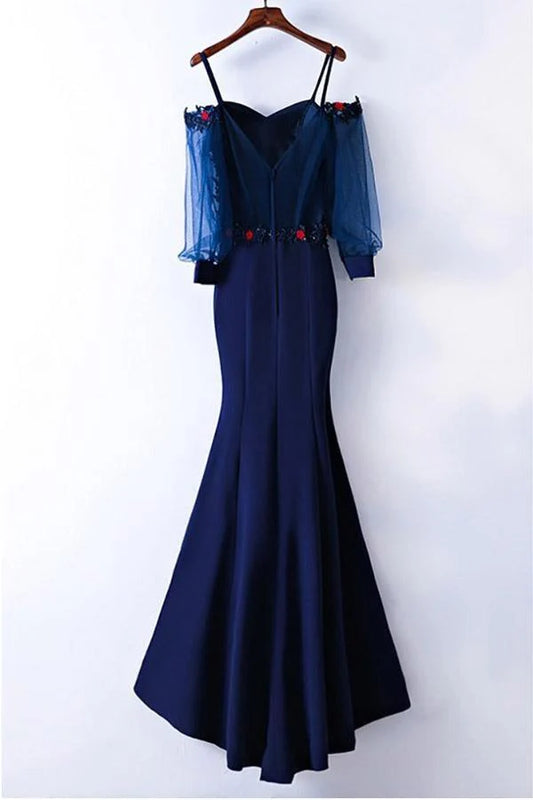 Mermaid Straps Long Sleeves Applique Prom Dress