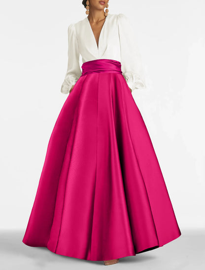 A-Line Evening Gown Elegant Wedding Guest Dress Formal Prom Floor Length Long Sleeve V Neck Satin with Ruched