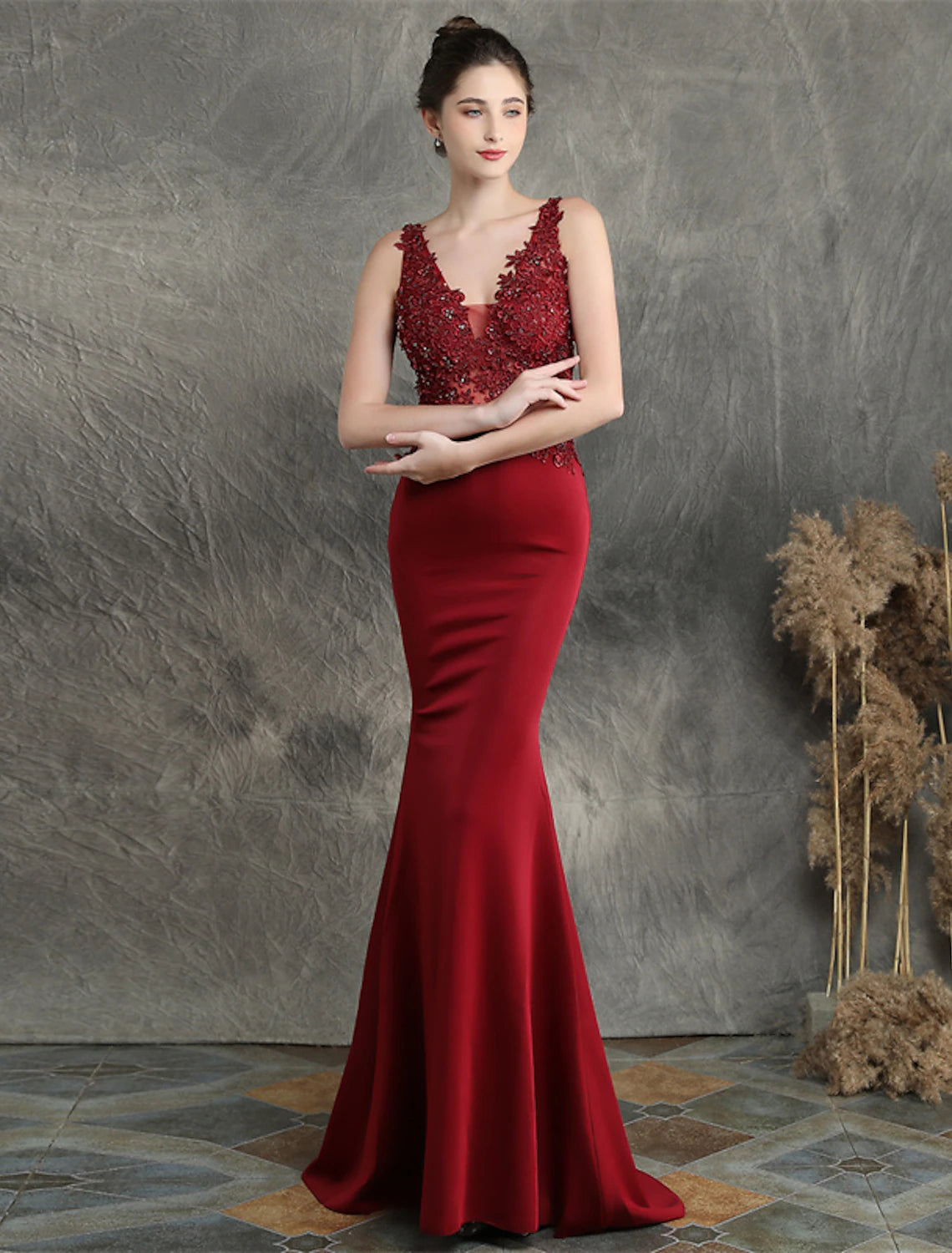 Mermaid / Trumpet Evening Gown Elegant Dress Formal Sweep / Brush Train Sleeveless V Neck Cotton Blend with Beading Appliques